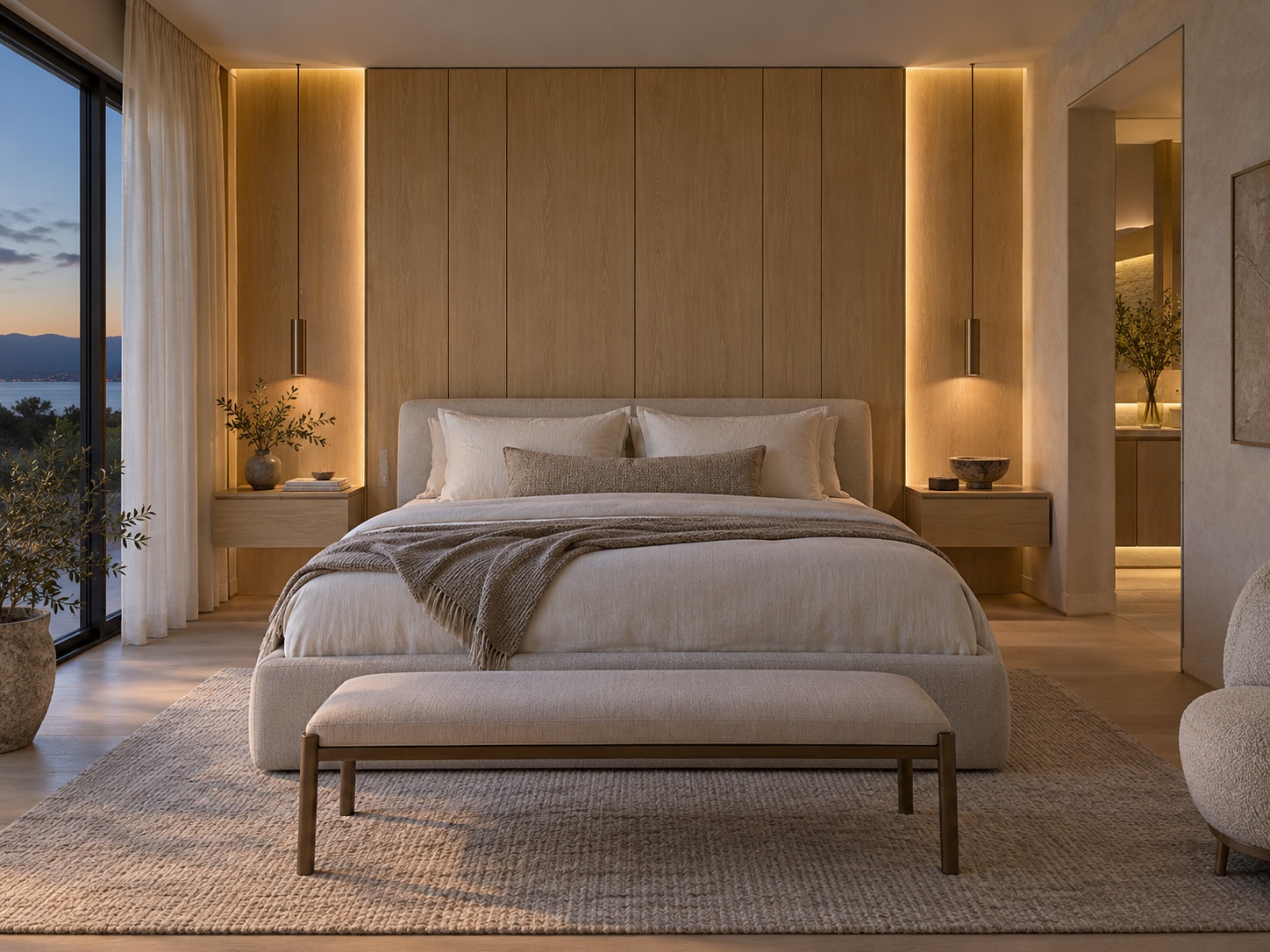 Pale oak headboard wall with integrated floating bedside tables