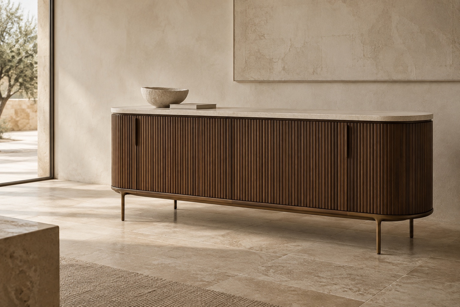 Dark walnut tambour credenza with a stone top
