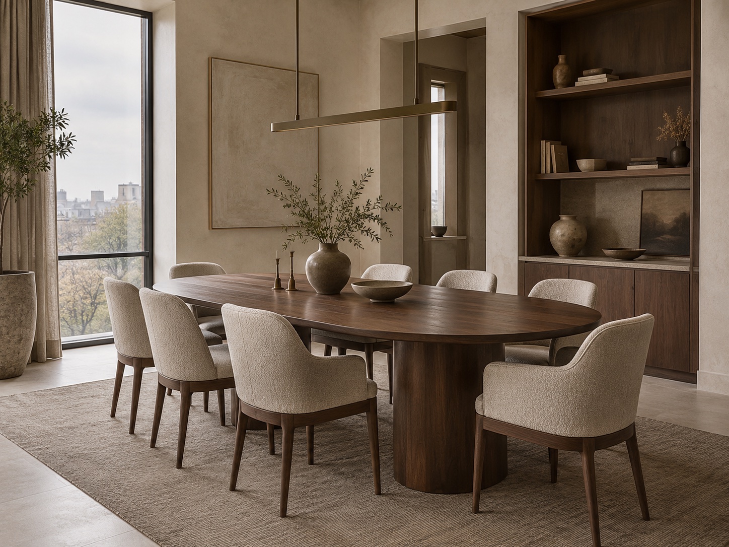 Bespoke walnut dining table and upholstered chairs