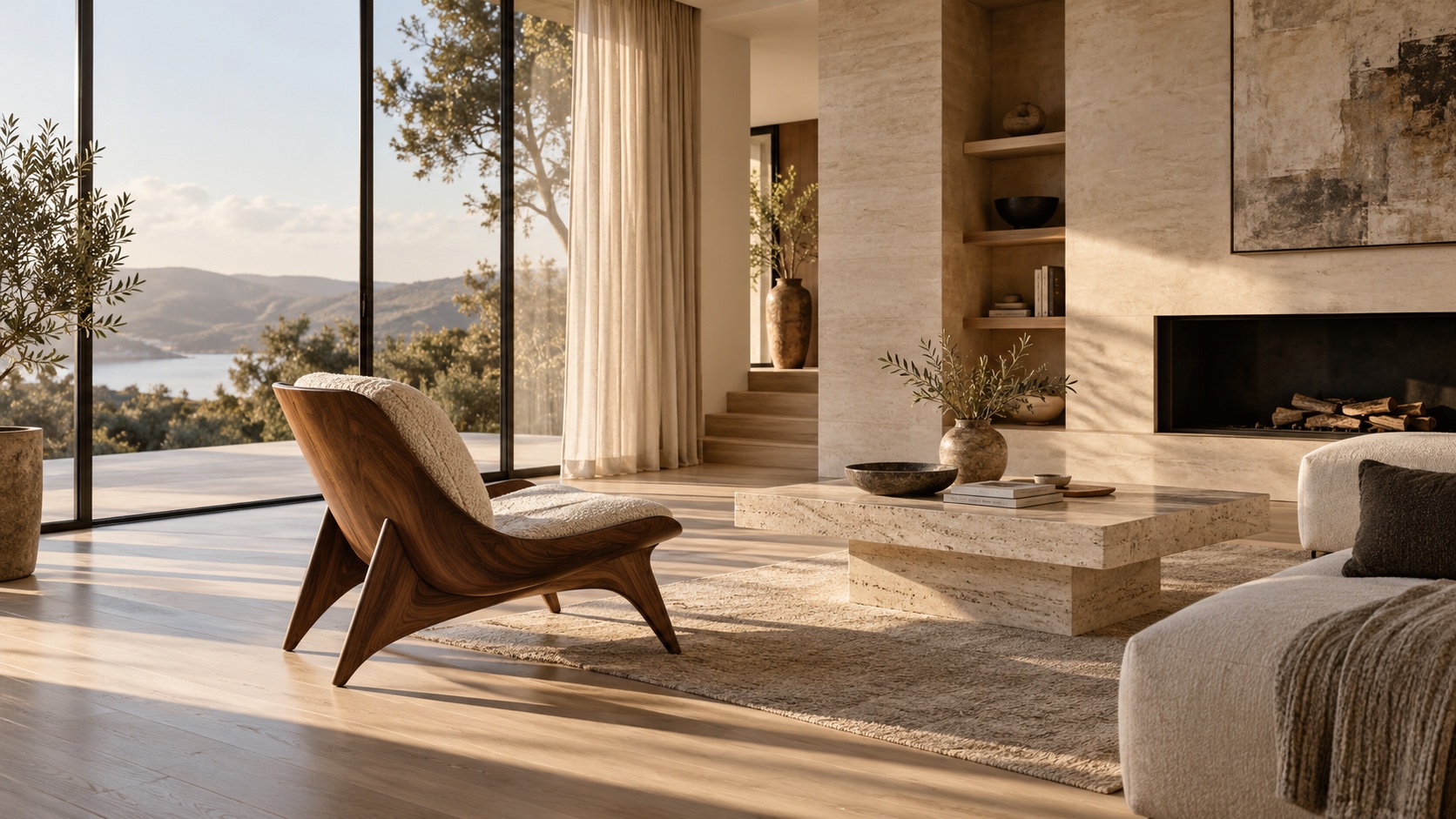 Walnut lounge chair and travertine coffee table