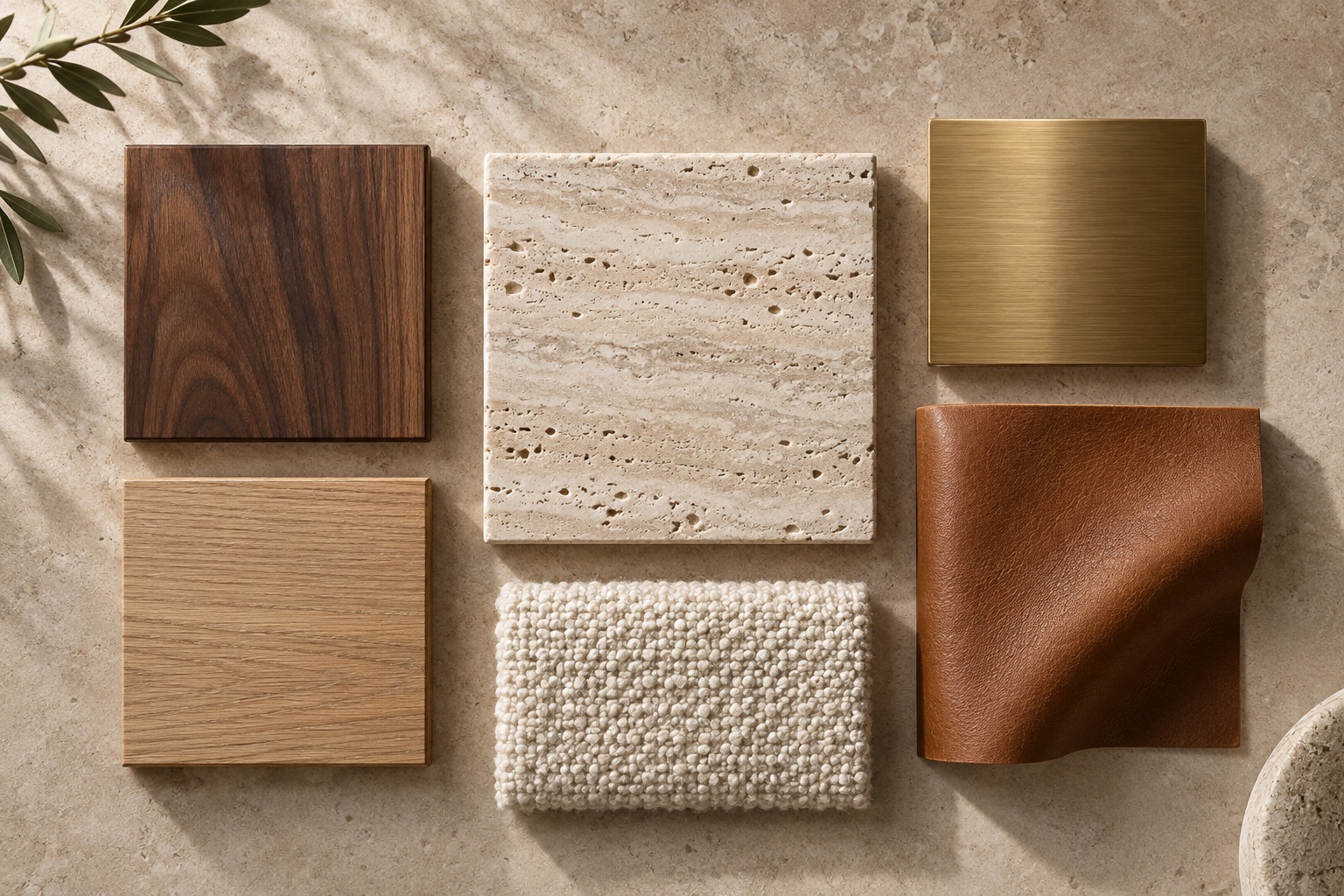 Walnut, white oak, travertine, brass, leather and bouclé material samples